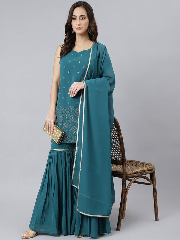 Women's Teal Georgette Embossed Gold Print Top with Gharara and Dupatta | WomensFashionFun