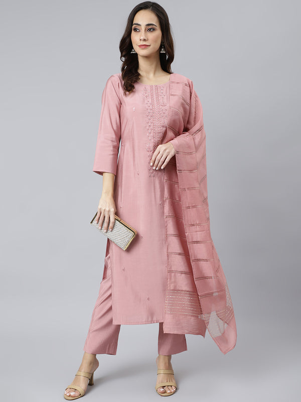 Women's Light Pink Poly Silk Embroidered Kurta with Pant and Dupatta | WomensFashionFun