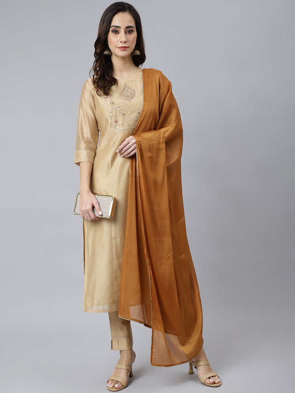 Women's Beige Chanderi Silk Solid Kurta with Pant and Dupatta | WomensFashionFun