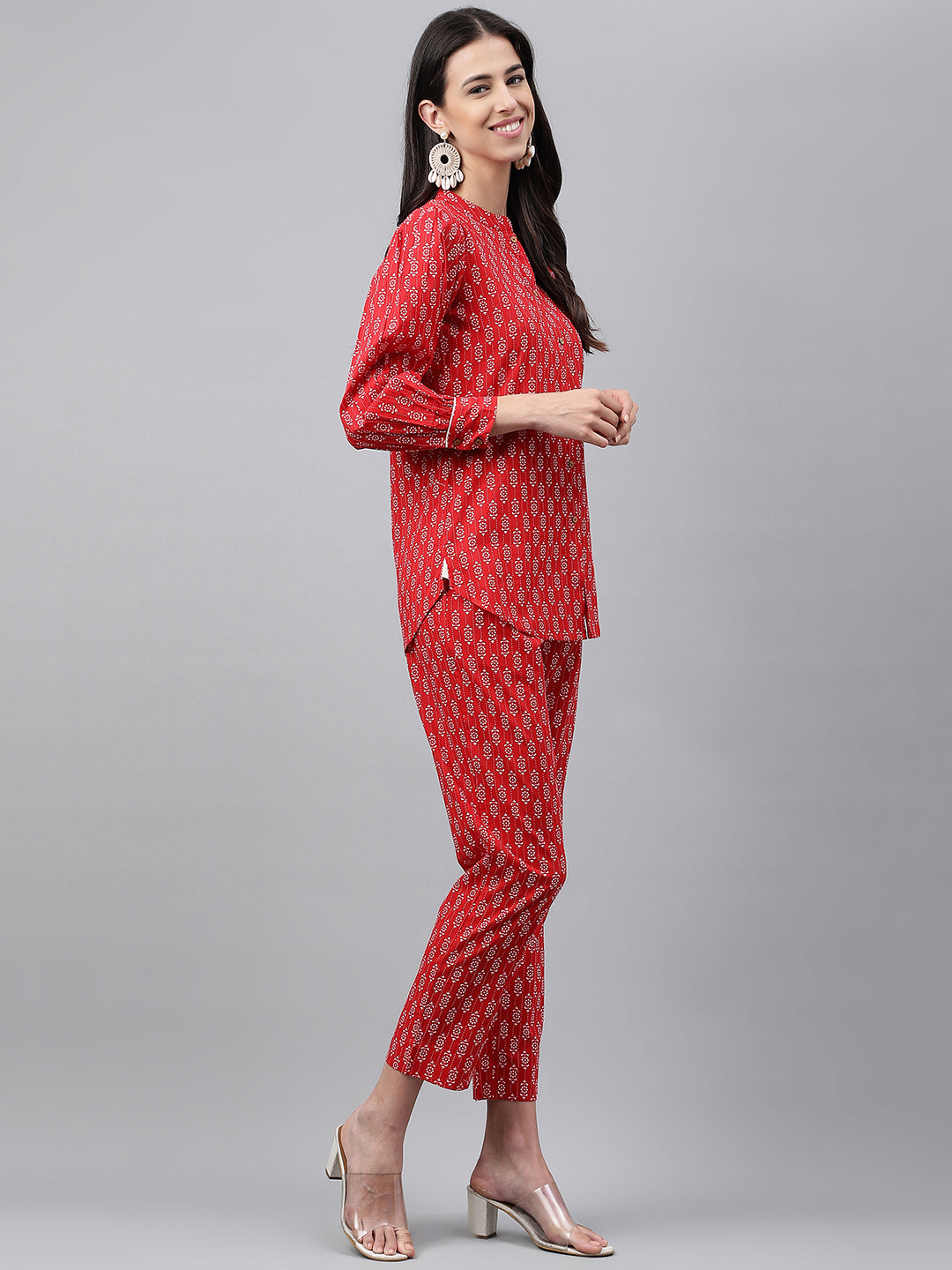 Women Red Cotton Ethnic Motifs Top Pant Set