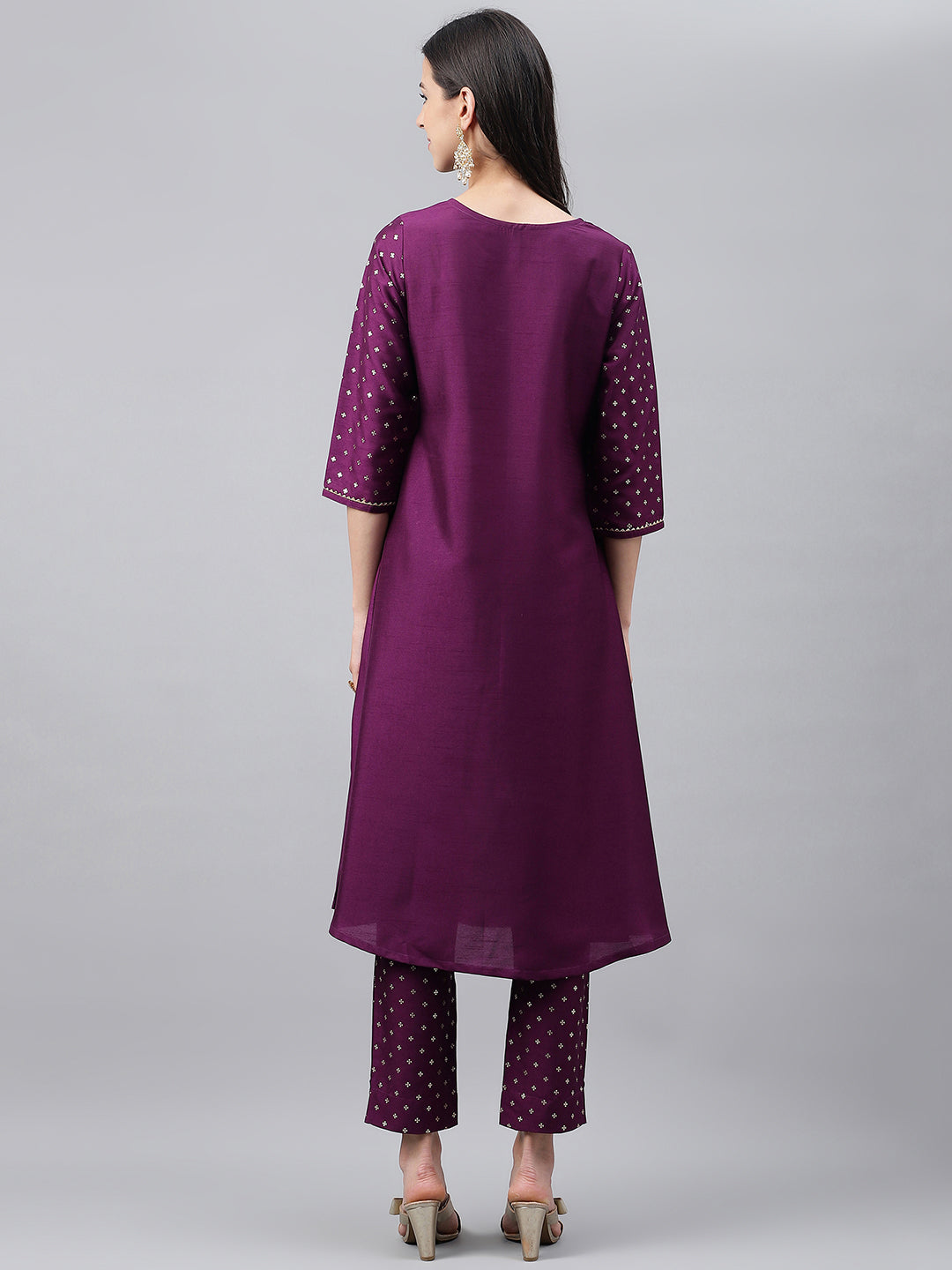 Women Purple Crepe Silk Solid Kurta Pant Set