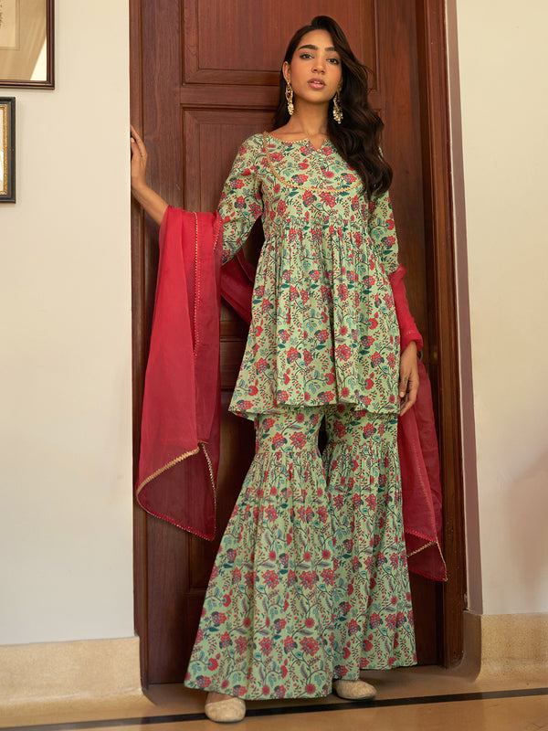 Women Light Green Cotton Kurta Sharara Dupatta Set | WomensFashionFun