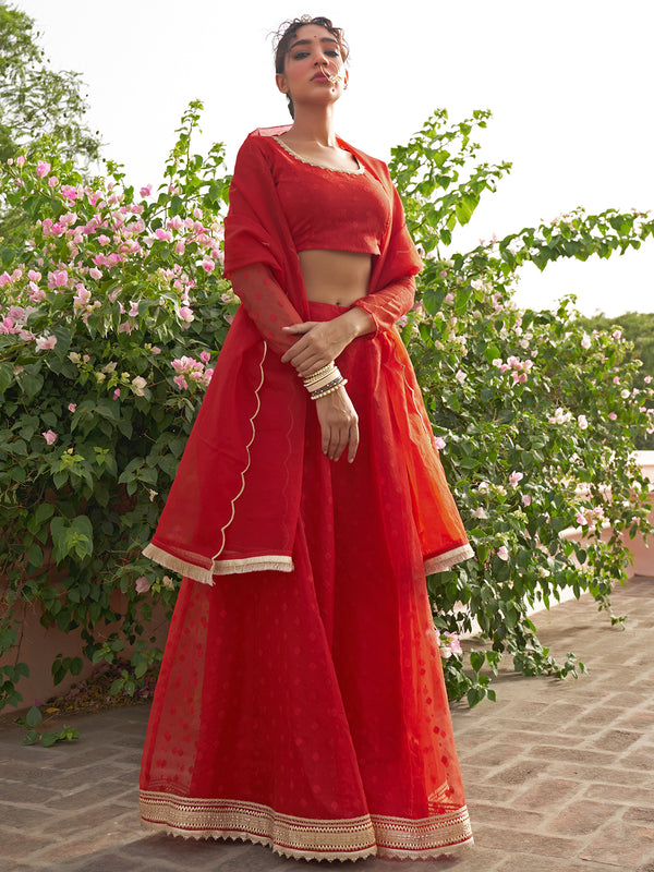 Women Red Organza Woven Design Lehenga Choli With Dupatta | WomenFashionFun