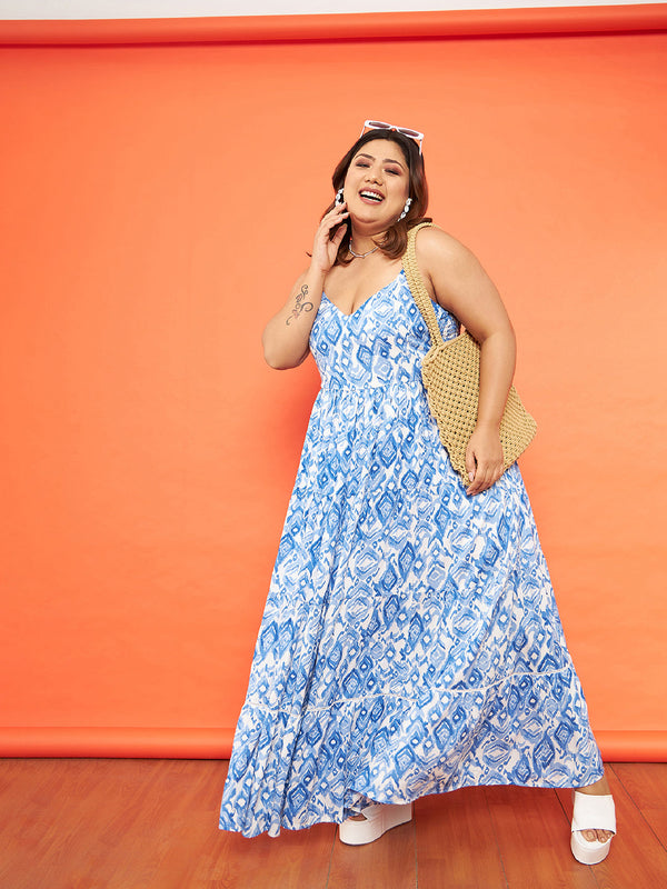 Women Blue & White Ikat Strappy Tiered Maxi Dress | WomensFashionFun.com
