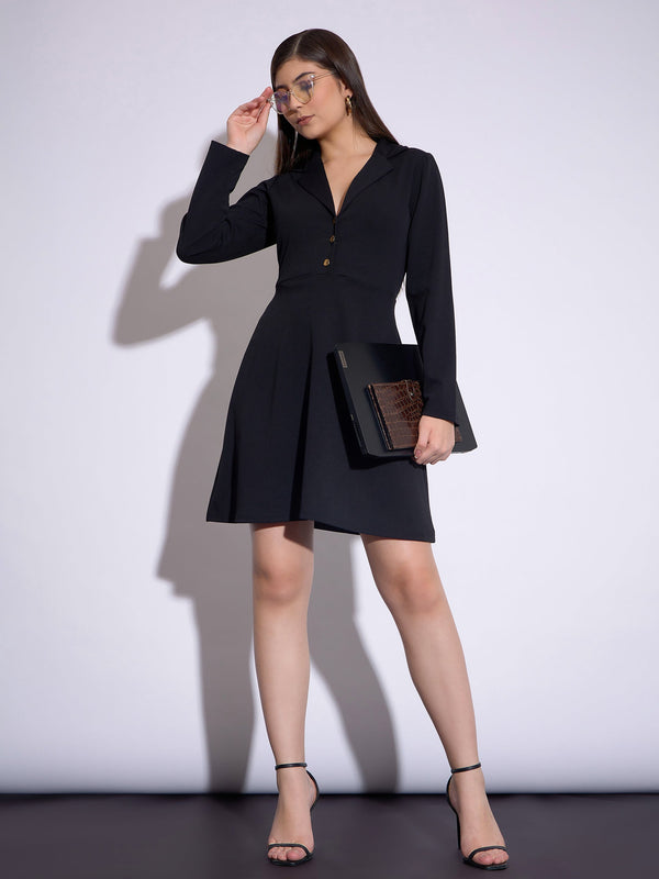 Women Black Notch Collar Full Sleeves Dress | WomensFashionFun