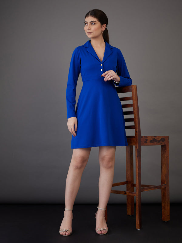 Women Royal Blue Notch Collar Full Sleeves Dress | WomensFashionFun