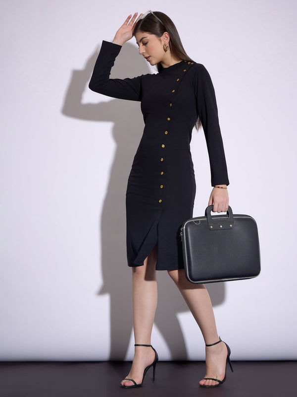 Women Black Front Button Bodycon Midi Dress | WomensFashionFun