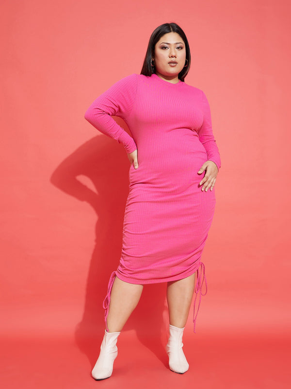 Women Pink Rib Side Ruching Bodycon Dress | WomensfashionFun.com