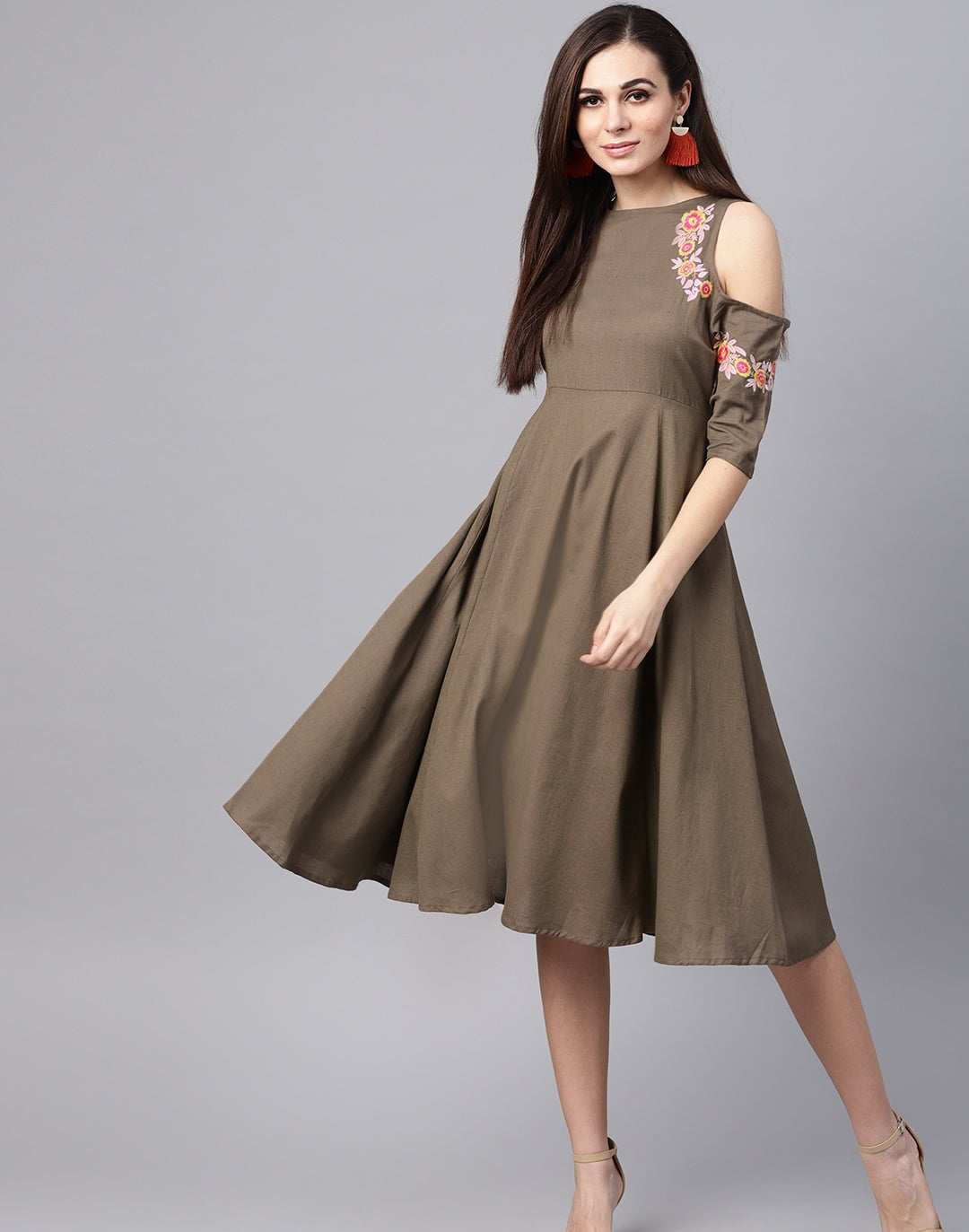 Brown Embroidered Cold Shoulder Dress