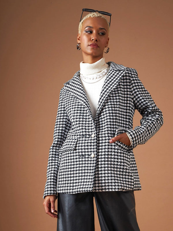Women Black Geo Jacquard Tweed Double Breasted Blazer | WomensfashionFun.com