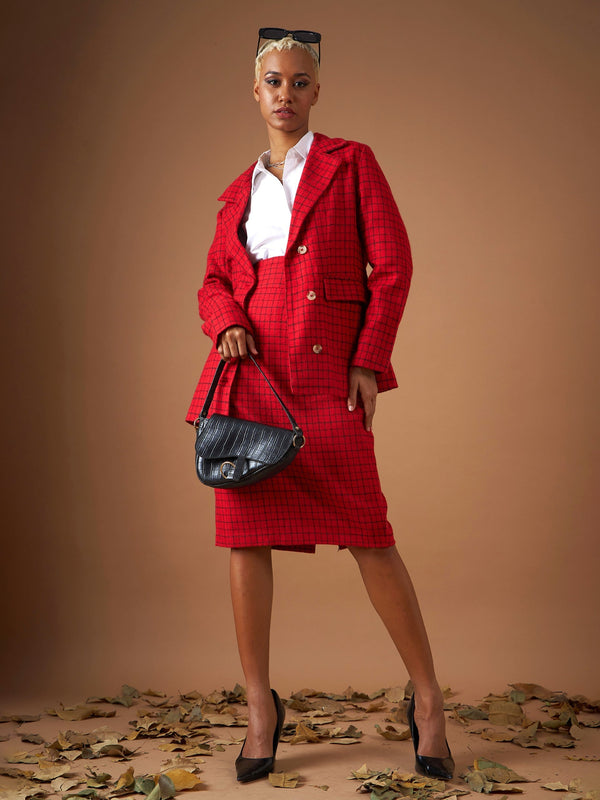 Women Red Check Jacquard Tweed Notch Collar Blazer | WomensfashionFun.com