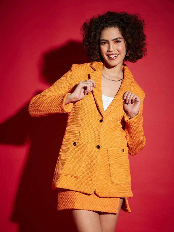 Women Orange Tweed Notch Collar Blazer | WomensfashionFun.com