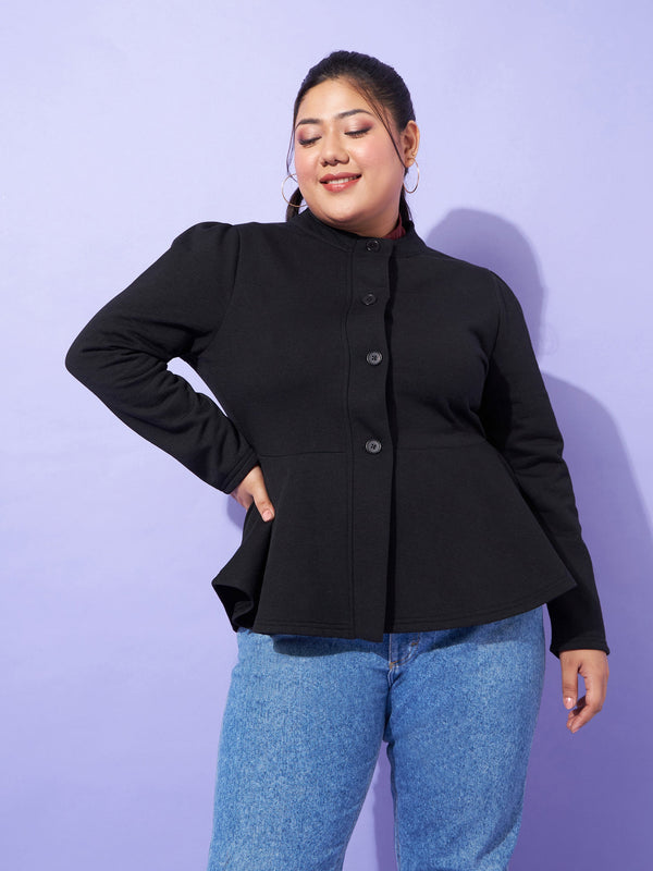 Women Black Fleece Button Peplum Jacket | WomensFashionFun