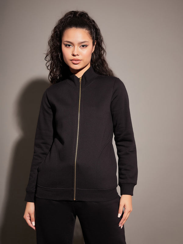 Women Black Fleece Zipper Jacket | WomensfashionFun.com
