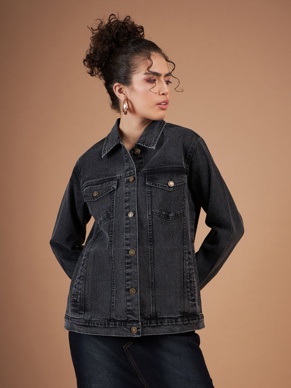 Women Black Washed Denim Oversized Jacket | WomensfashionFun.com