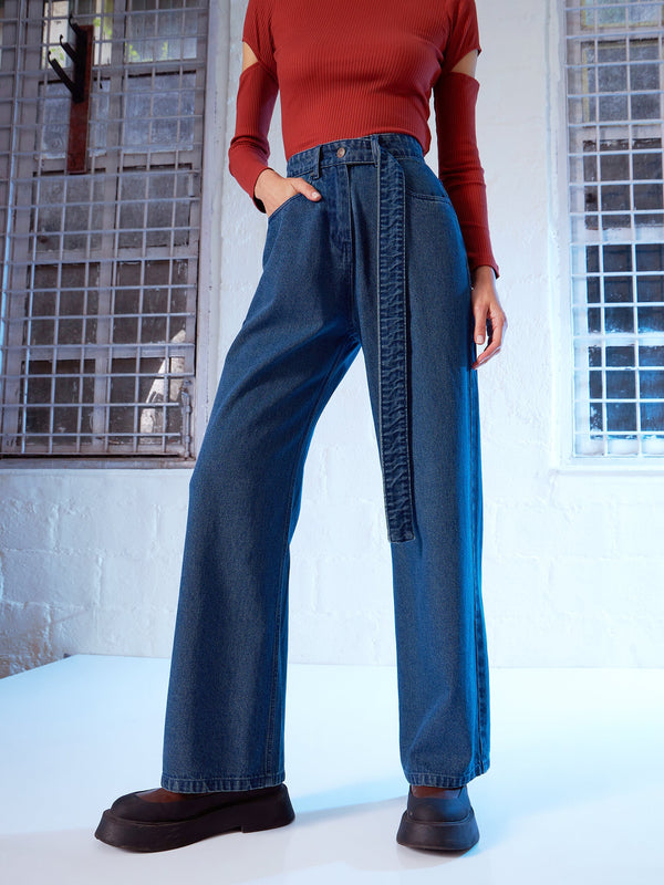 Women Blue Denim Belted Straight Fit Jeans | WomensFashionFun