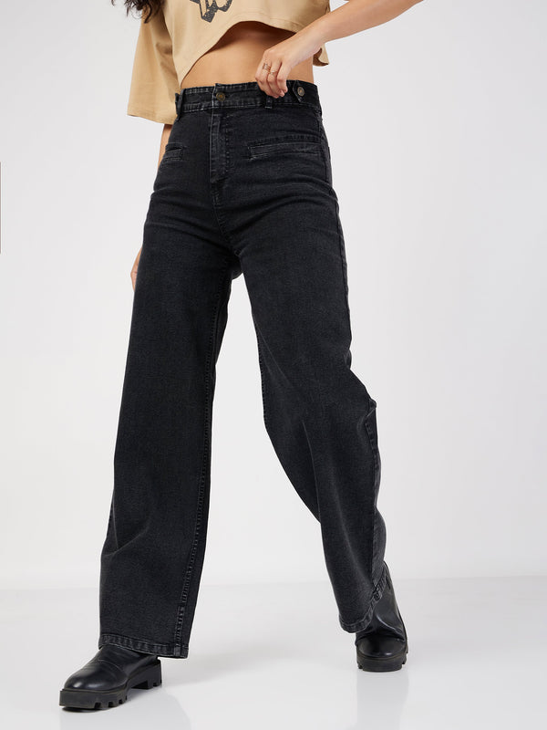 Women Black Bone Pocket Straight Jeans | WomenFashionFun