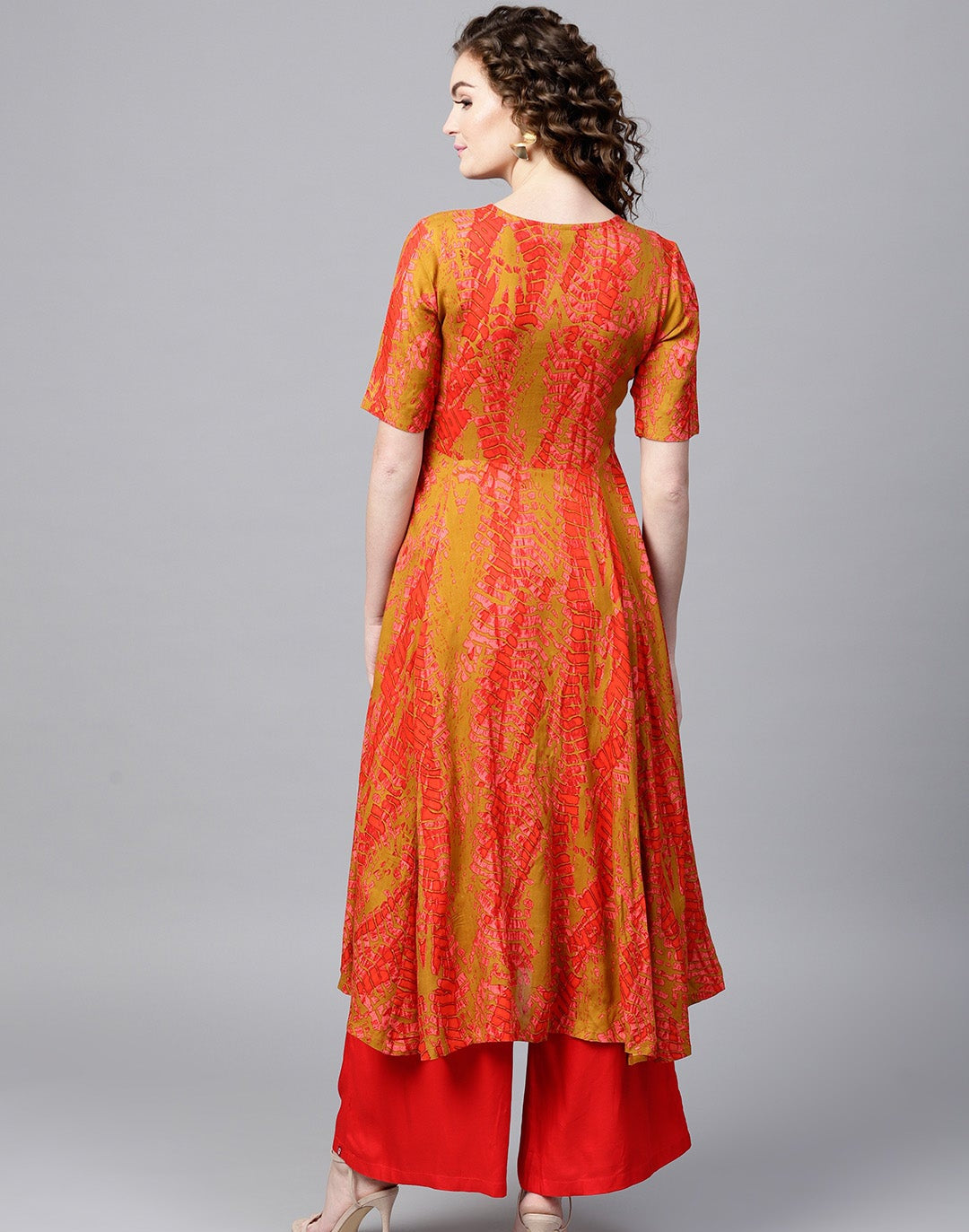 Mustard & Red Printed Front Open Anarkali