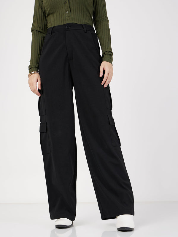 Women Black Multi Pocket Detail Cargo Pants | WomenFashionFun
