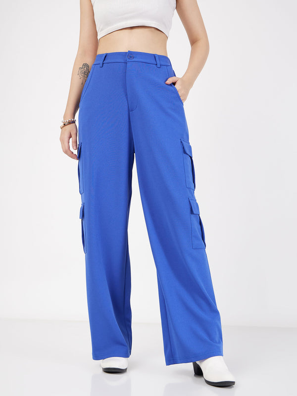 Women Royal Blue Multi Pocket Detail Cargo Pants | WomenFashionFun