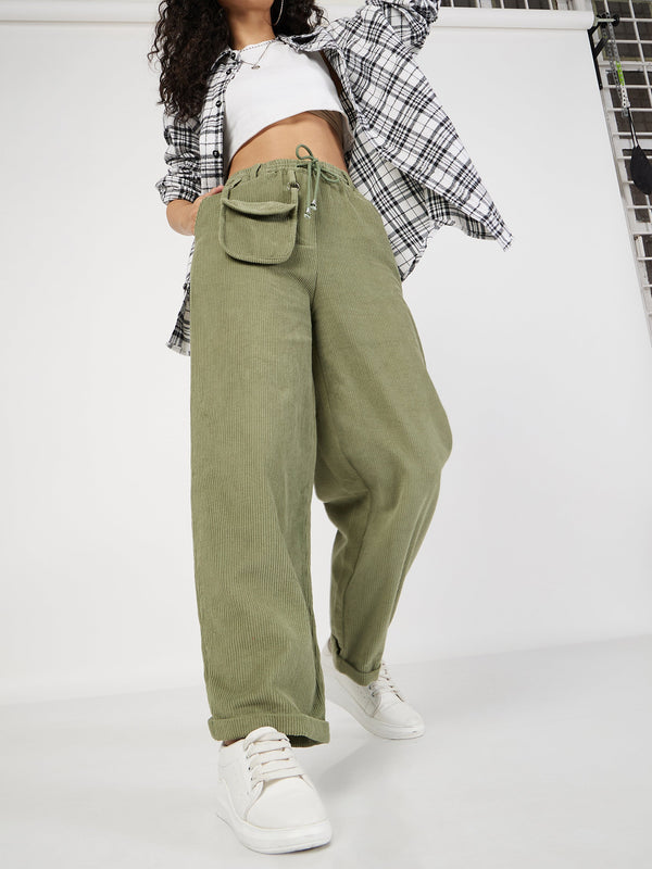 Women Olive Corduroy Pouch Pocket Drawstring Pants | WomenFashionFun