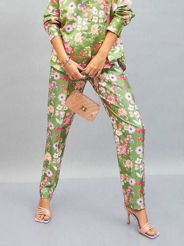 Women Olive Satin Floral Darted Pants | WomensFashionFun