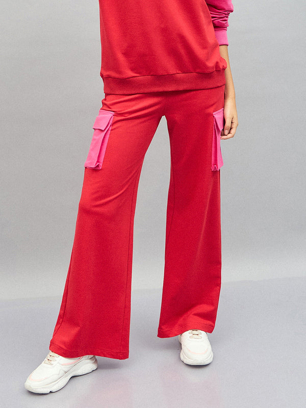 Women Red Knitted Contrast Pockets Track Pants | WomensFashionFun