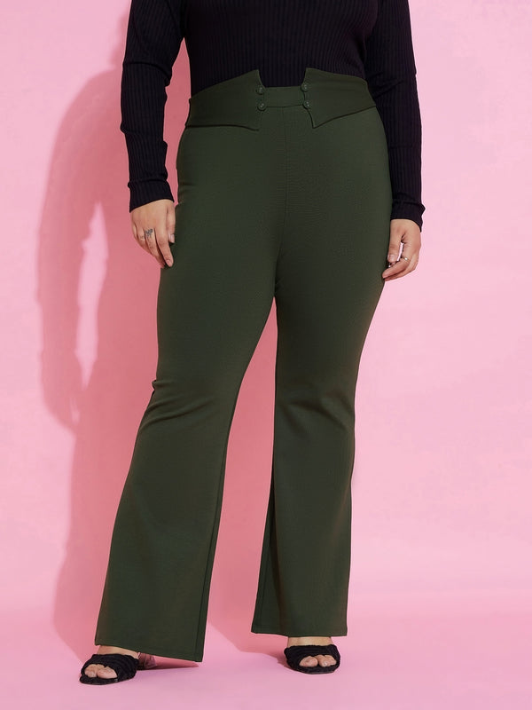 Women Olive Front Button Bell Bottom Trousers | WomensfashionFun.com