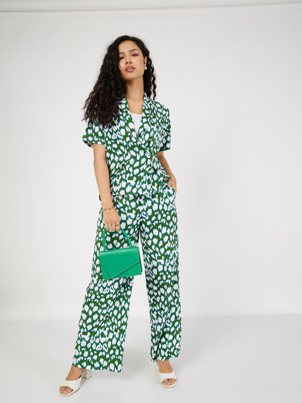 Women Green Abstract Shawl Collar Top With Pants | WomenFashionFun