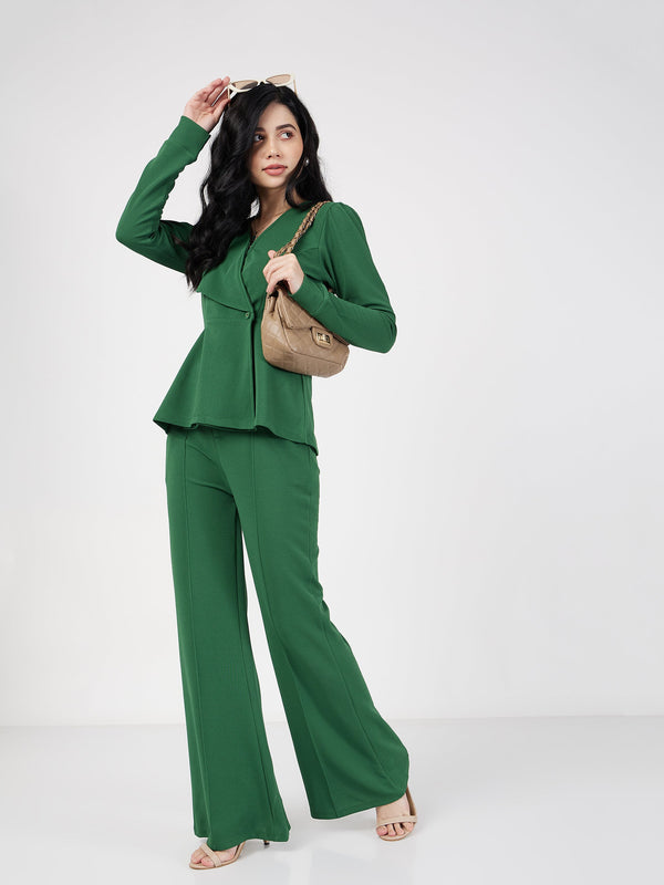Women Green Wrap Peplum Top With Bellbottom Pants | WomenFashionFun