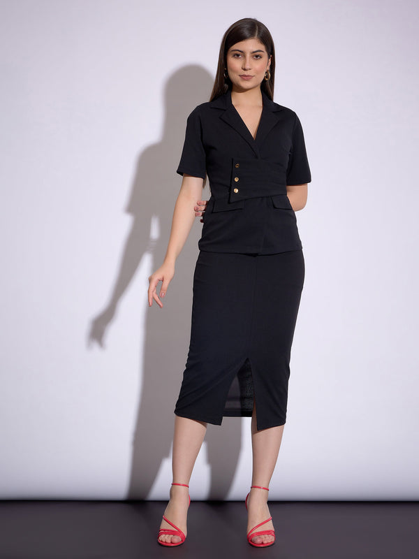 Women Black Notch Collar Top With Midi Skirt | WomensfashionFun.com