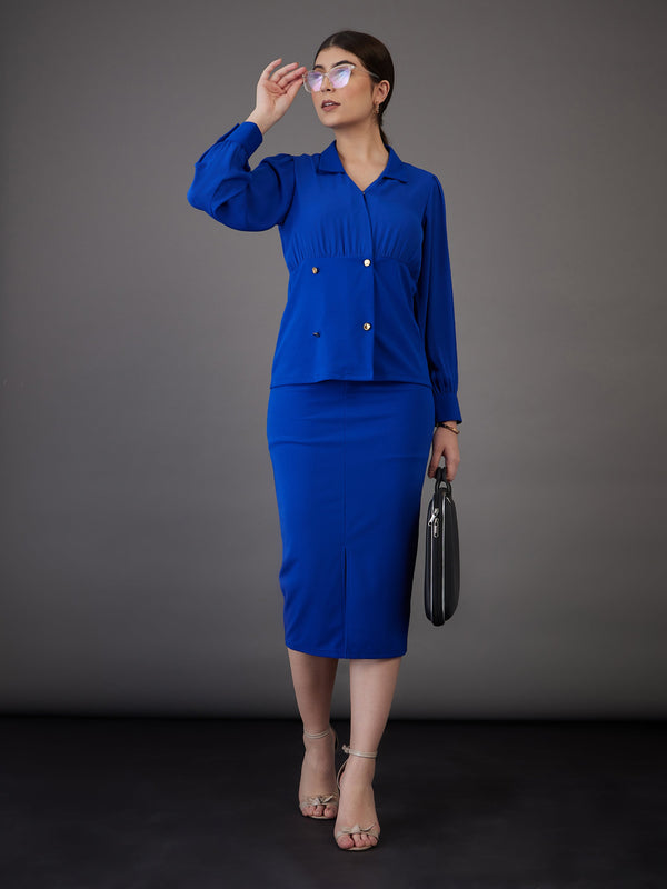 Women Royal Blue Peplum Collar Top With Midi Skirt | WomensFashionFun