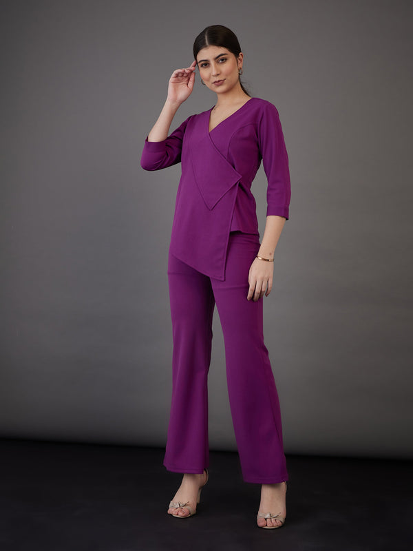 Women Purple Wrap Asymmetric Top With Bell Bottom Pants | WomensfashionFun.com