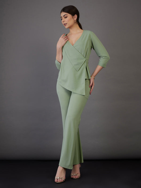 Women Green Wrap Asymmetric Top With Bell Bottom Pants | WomensFashionFun