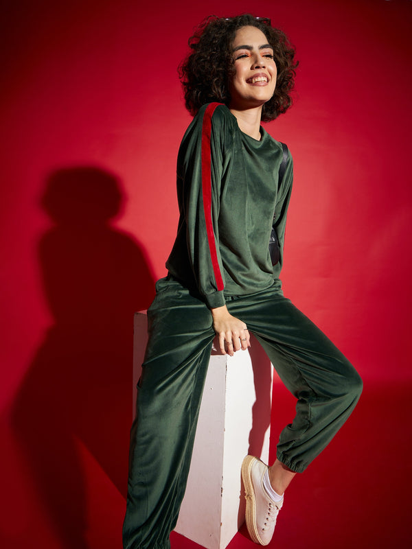 Women Emerald Velour Tape Detail Sweatshirt With Joggers | WomensFashionFun