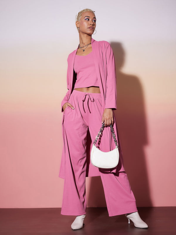 Women Pink Rib Strappy Top With Pants & Shrug | WomensfashionFun.com