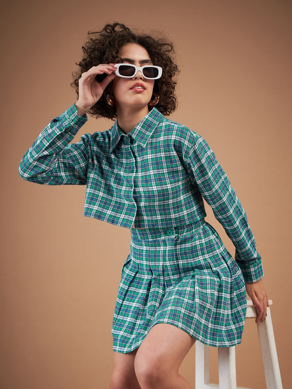 Women Green Yarndyed Check Crop Shirt With Mini Skirt | WomensFashionFun
