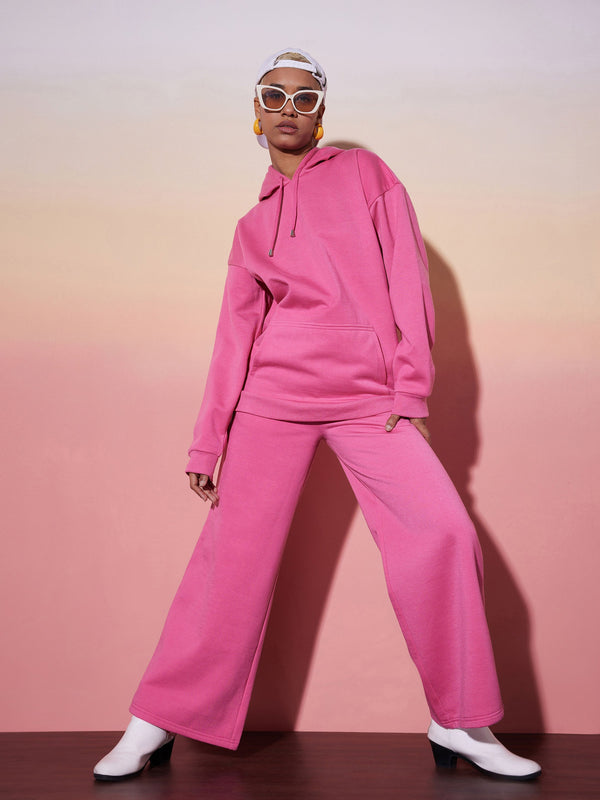 Women Pink Oversize Hooded Sweatshirt Wide Leg Pants | WomensfashionFun.com