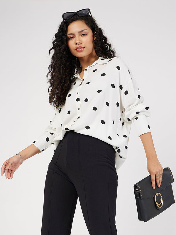 Women White & Black Polka Dot Oversize Shirt | WomenFashionFun