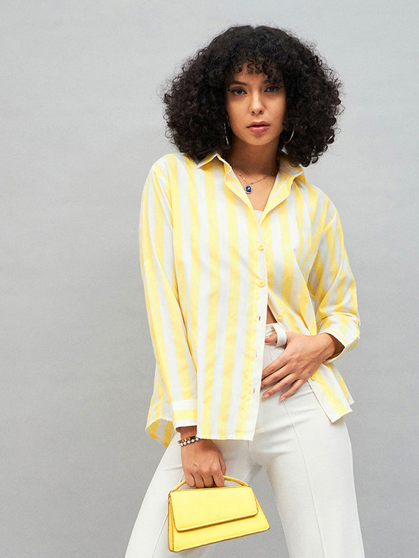 Women Yellow & White Cotton Striped Regular Shirt | WomensFashionFun