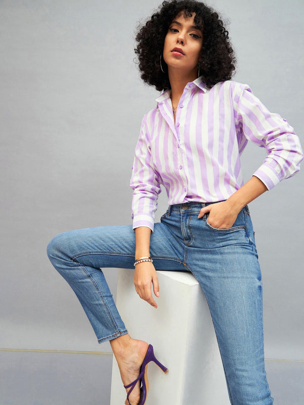 Women Purple & White Cotton Striped Regular Shirt | WomensFashionFun