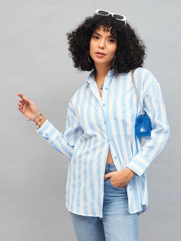 Women Blue & White Cotton Striped Oversized Shirt | WomensFashionFun