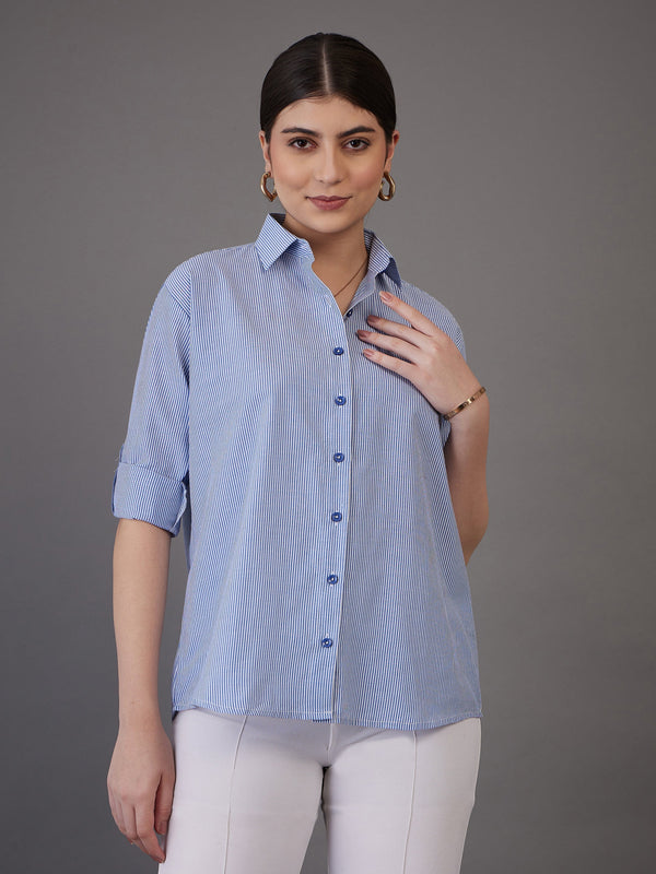Women Navy Pin Stripes Regular Fit Shirt | WomensFashionFun