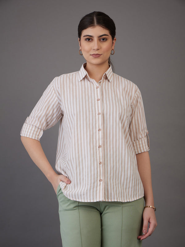 Women Brown Stripes Regular Fit Shirt | WomensFashionFun