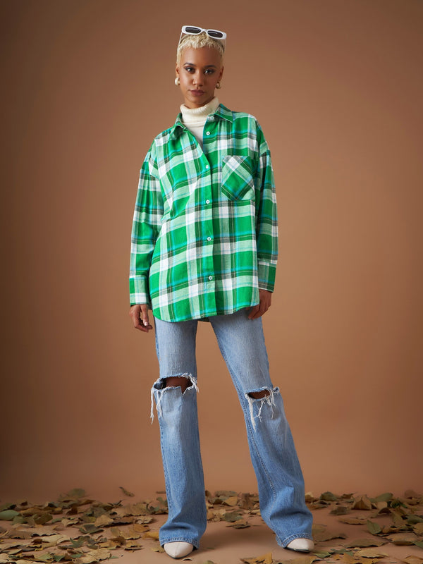 Women Green Yarndyed Check Oversized Shirt | WomensFashionFun