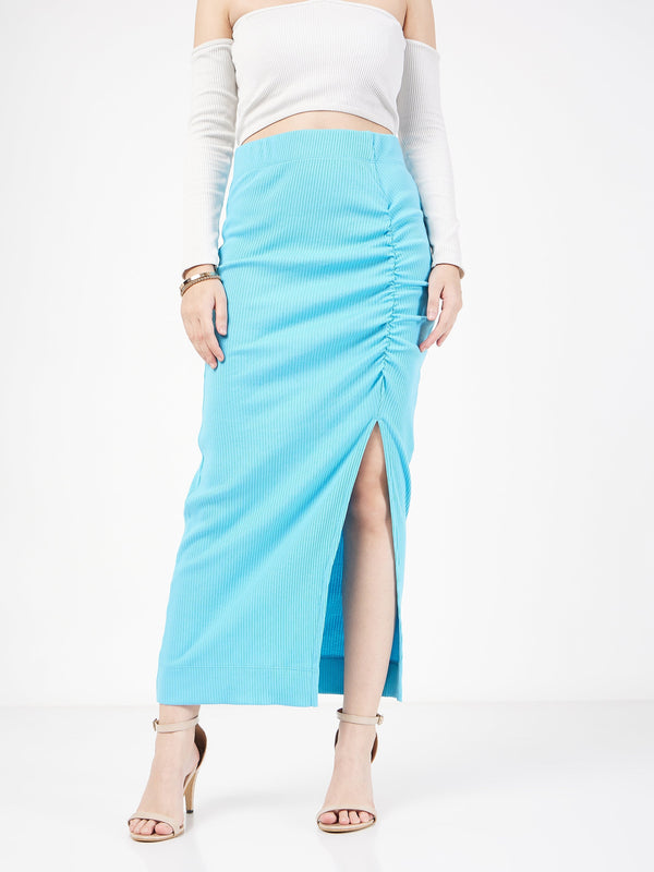 Women Turquoise Rib Front Ruched Midi Skirt | WomenFashionFun