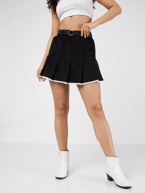 Women Black Corduroy Pleated Mini Skirt | WomenFashionFun