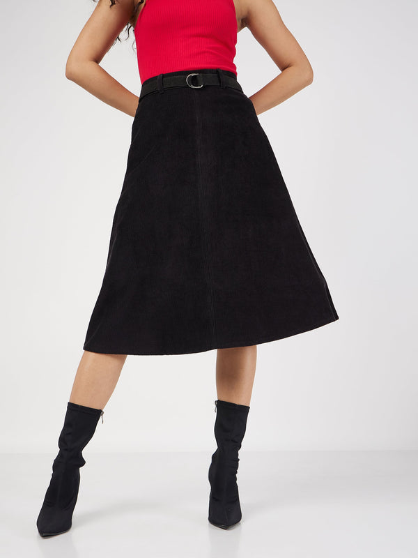 Women Black Corduroy A-Line Midi Skirt | WomenFashionFun