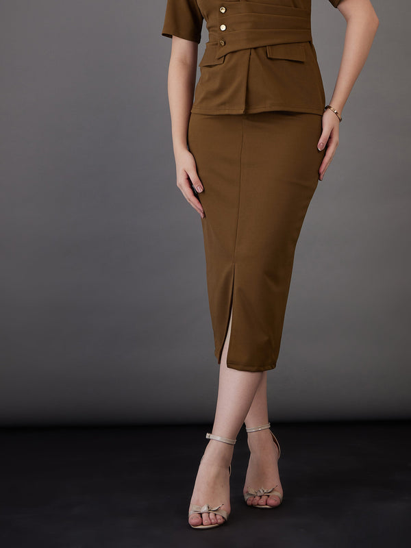 Women Brown Front Slit Midi Skirt | WomensFashionFun