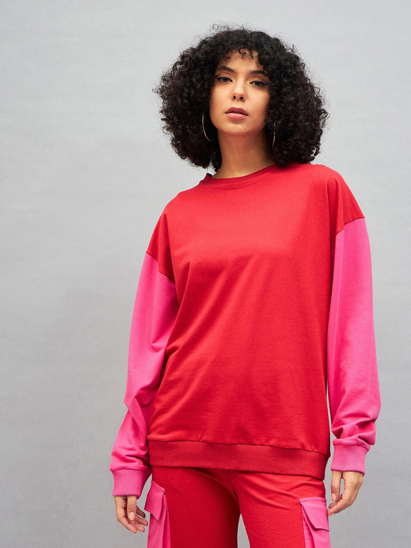 Women Red Knitted ColourBlock Oversize Sweatshirt | WomensFashionFun